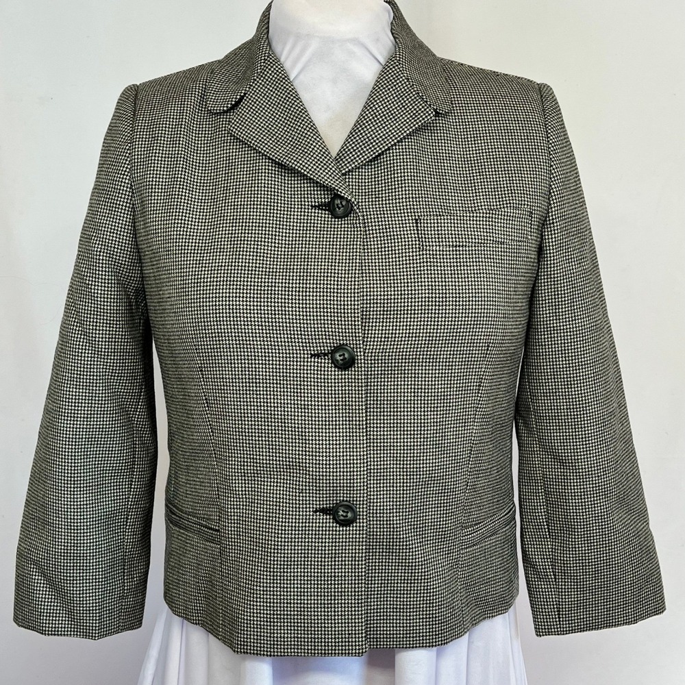 Herve Benard Vintage Wool Houndstooth Blazer Black White Cropped Jacket 3 Button
